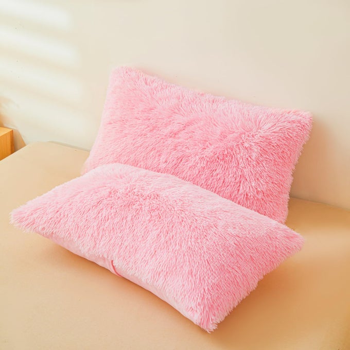 FLUFFY PINK PILLOW COVER ULTRA SOFT FUZZY PLUSH PINK PILLOW CASES WITH FURRY TEXTURE AND SHAGGY TOUCH FAUX FUR CUSHION SHAMS 20X26 ZIPPERED SET OF 2