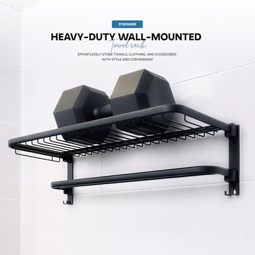 MIORAH 24 Inch Foldable Aluminum Towel Rack for Bathroom – Wall Mounted Double - Tier Towel Holder with Rod & Hooks | Rustproof Black - Image 4
