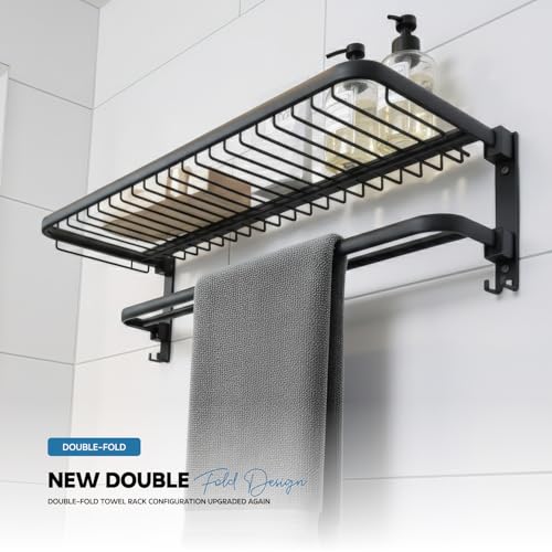 MIORAH 24 Inch Foldable Aluminum Towel Rack for Bathroom – Wall Mounted Double - Tier Towel Holder with Rod & Hooks | Rustproof Black - Image 3