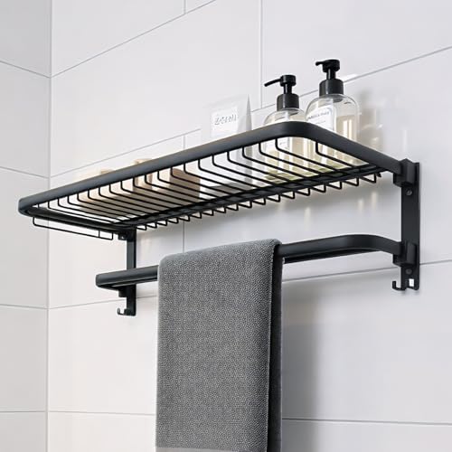 MIORAH 24 Inch Foldable Aluminum Towel Rack for Bathroom – Wall Mounted Double - Tier Towel Holder with Rod & Hooks | Rustproof Black - Image 1