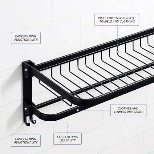 MIORAH 24 Inch Foldable Aluminum Towel Rack for Bathroom – Wall Mounted Double - Tier Towel Holder with Rod & Hooks | Rustproof Black - Image 5