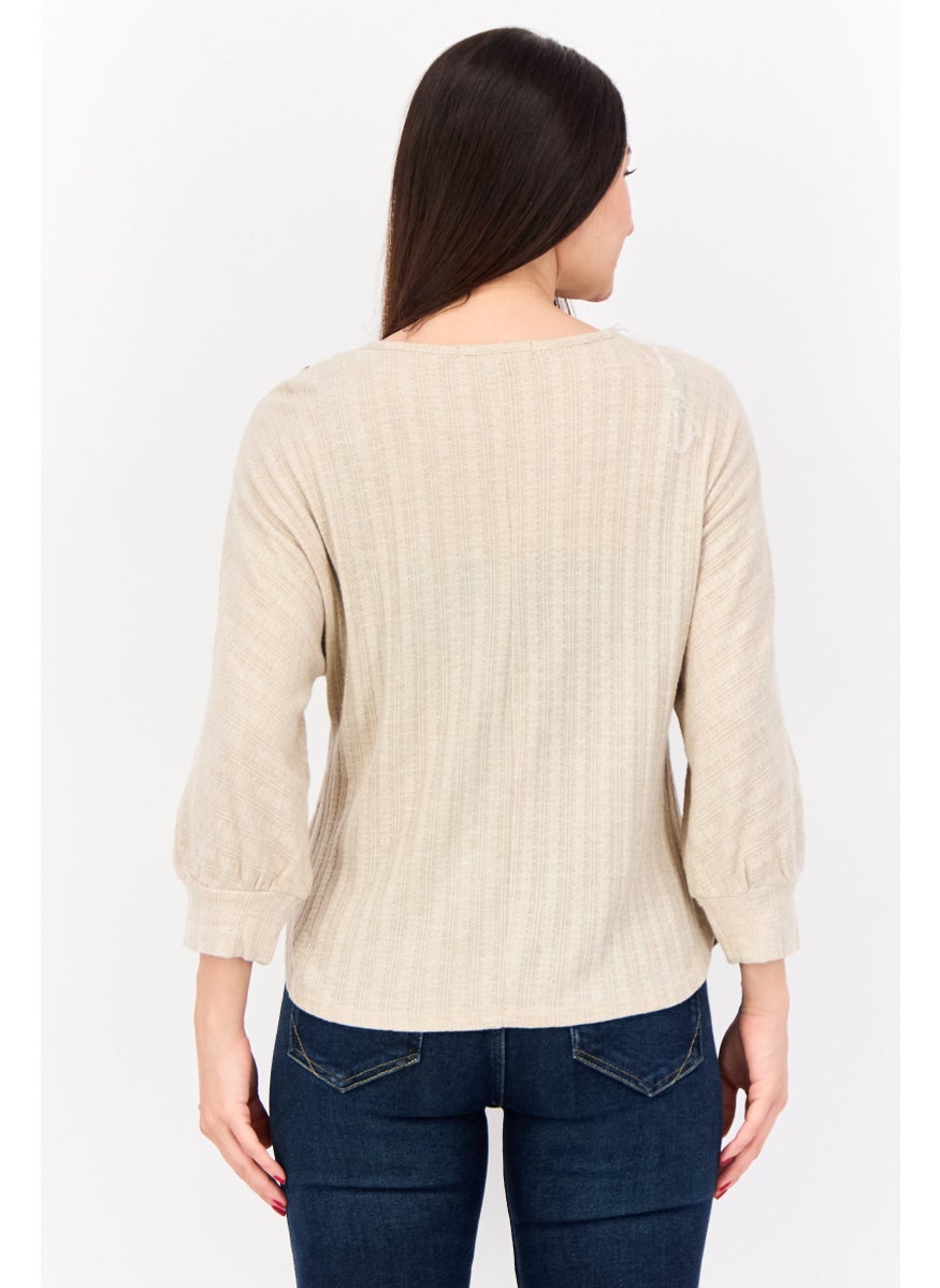 ADRIENNE VITTADINI - Women Round Neck Textured Top, Light Brown - Image 1