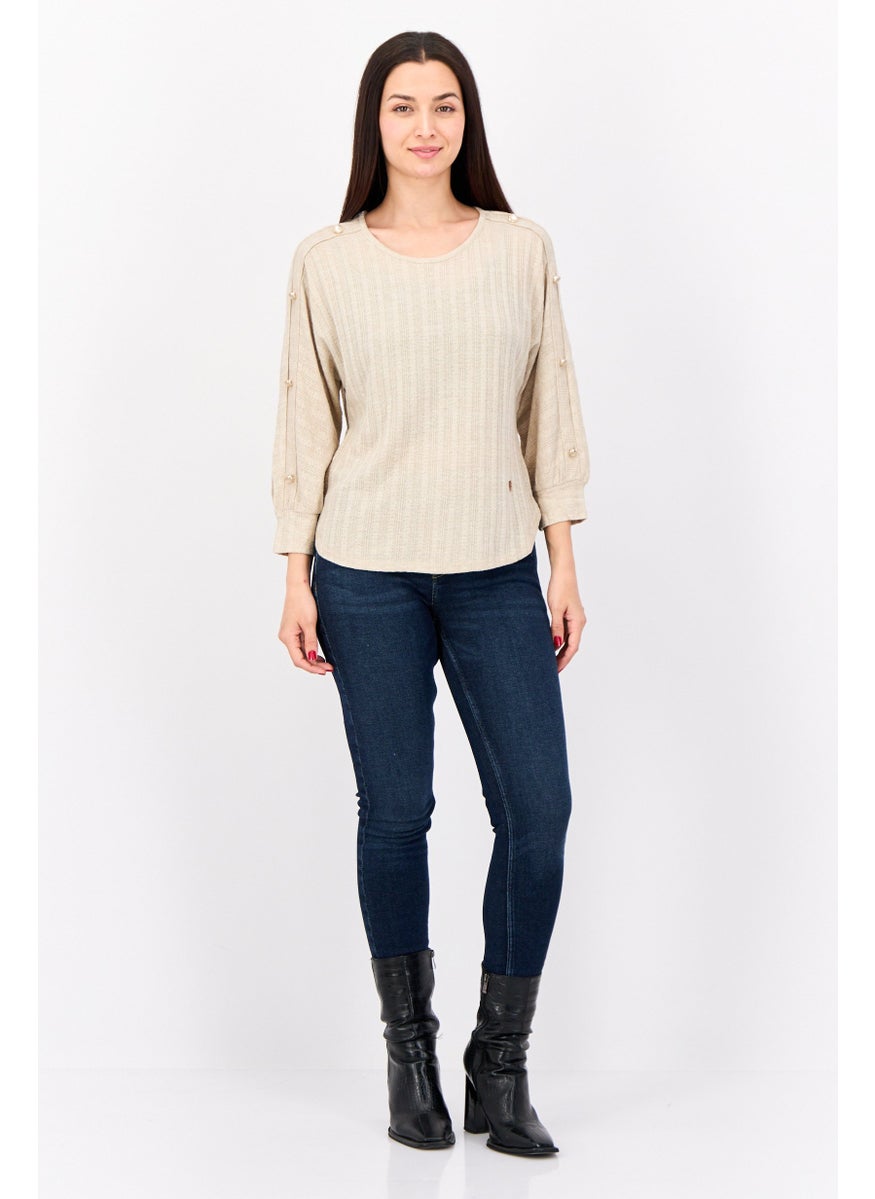 ADRIENNE VITTADINI - Women Round Neck Textured Top, Light Brown - Image 1