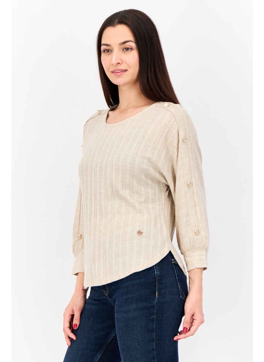 ADRIENNE VITTADINI - Women Round Neck Textured Top, Light Brown - Image 1