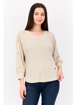 Women Round Neck Textured Top, Light Brown