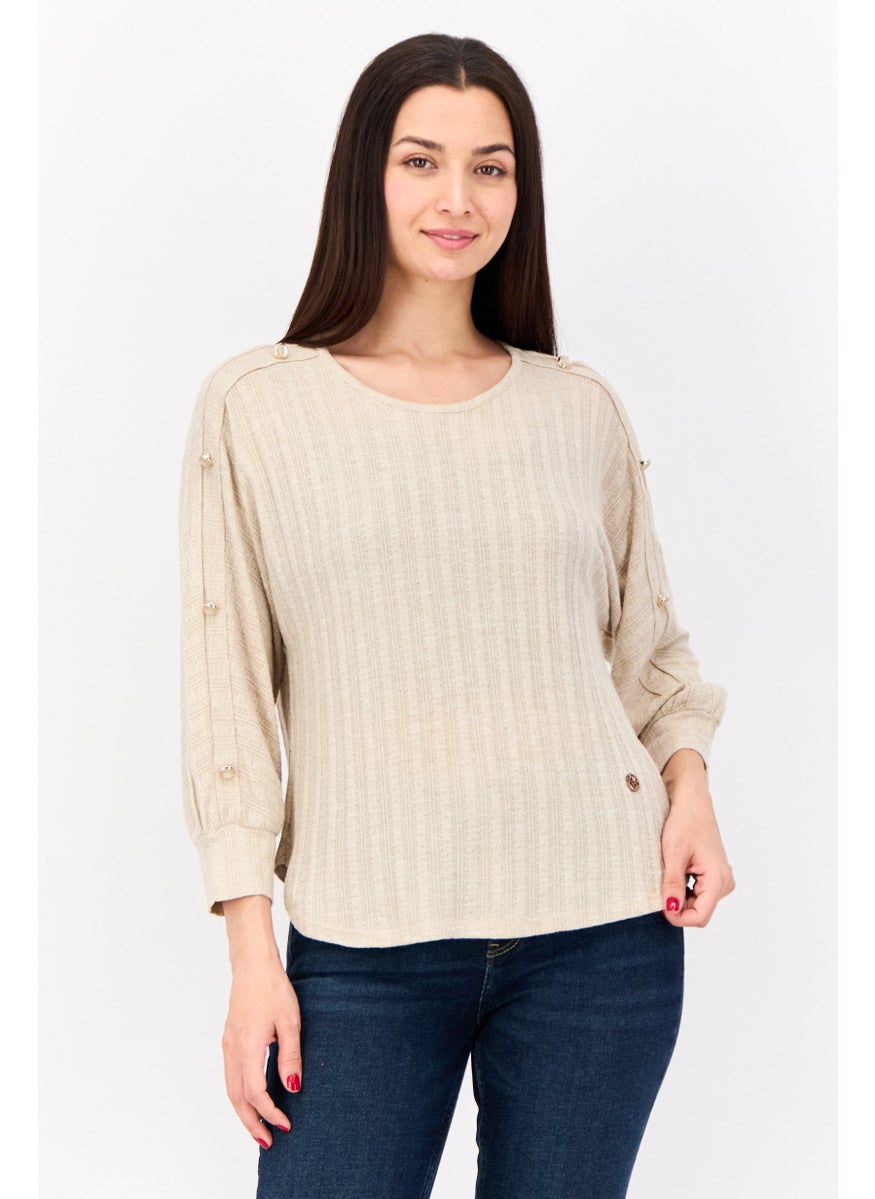 ADRIENNE VITTADINI - Women Round Neck Textured Top, Light Brown - Image 1