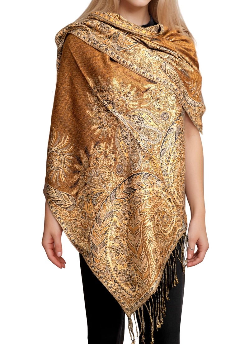 Achillea Luxurious Double Layered Jacquard Big Paisley Pashmina Shawl Wrap Scarf (Golden Brown) - Image 1