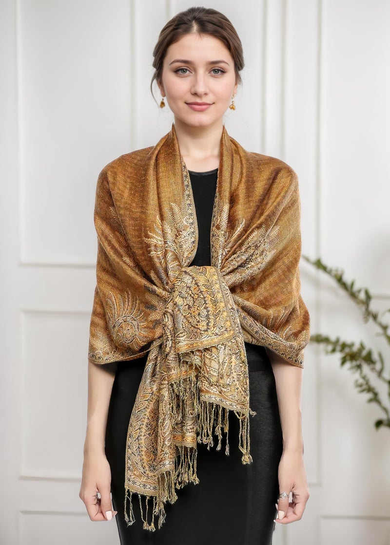 Achillea Luxurious Double Layered Jacquard Big Paisley Pashmina Shawl Wrap Scarf (Golden Brown) - Image 3