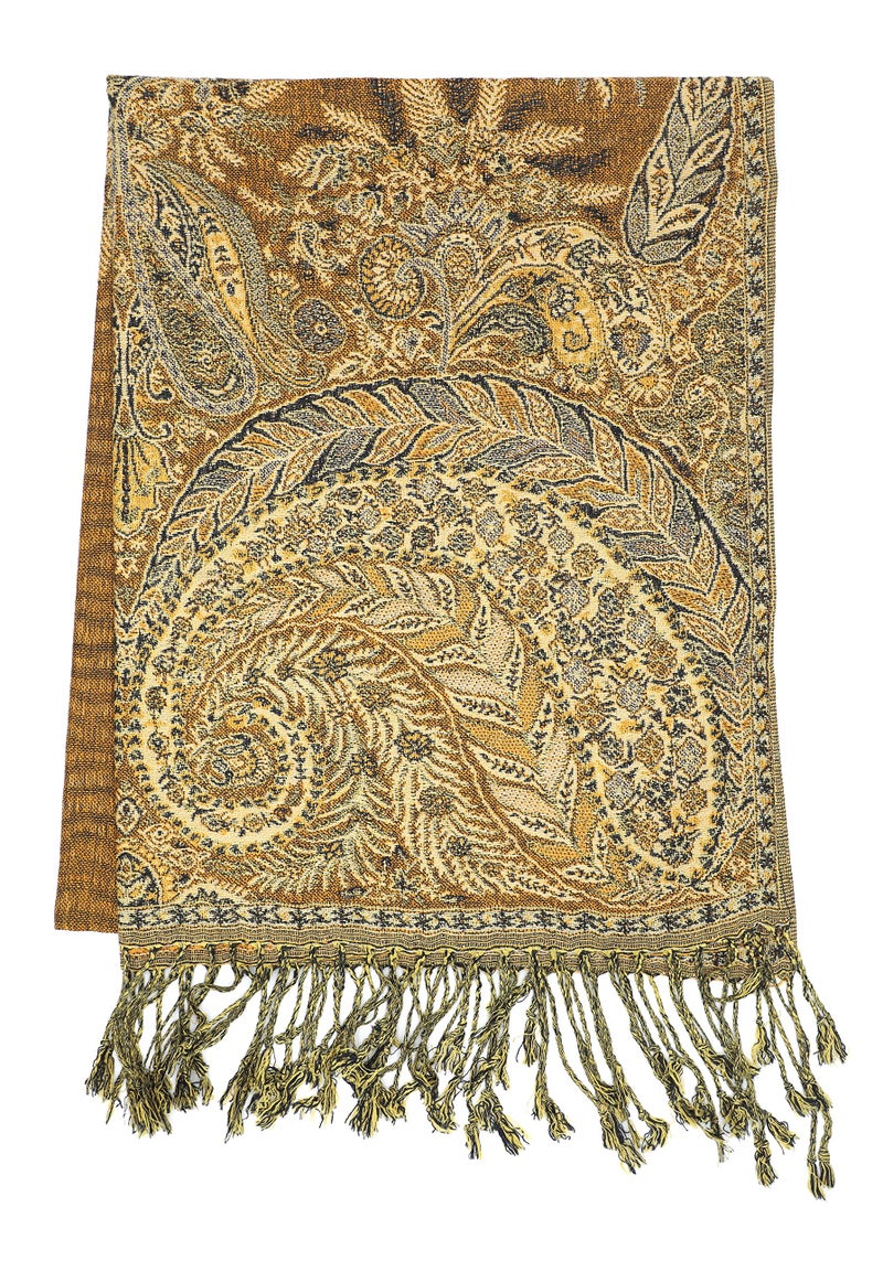 Achillea Luxurious Double Layered Jacquard Big Paisley Pashmina Shawl Wrap Scarf (Golden Brown) - Image 5