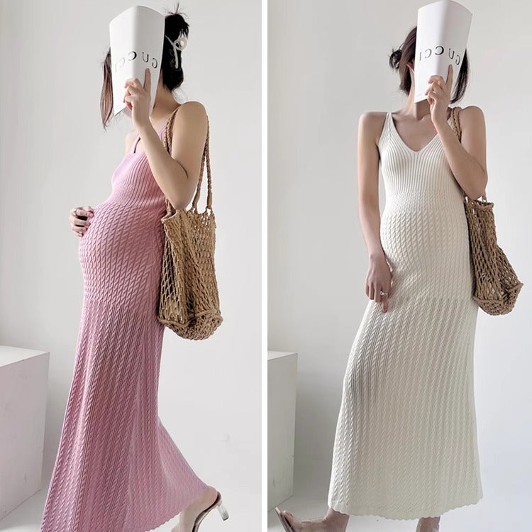 Sleeveless Knitted Maternity Midi Dress Slim Fit Summer Slip Dress - Image 2