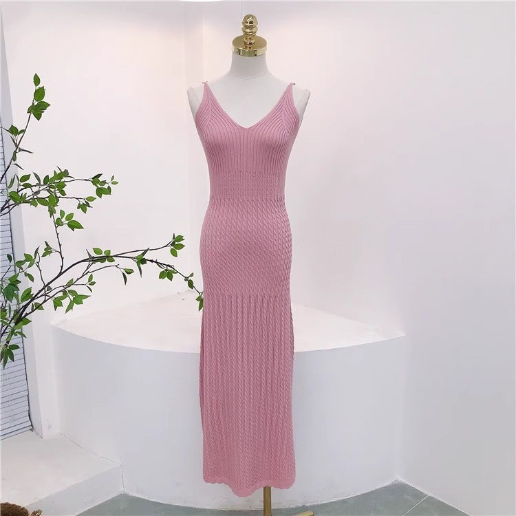 Sleeveless Knitted Maternity Midi Dress Slim Fit Summer Slip Dress - Image 4