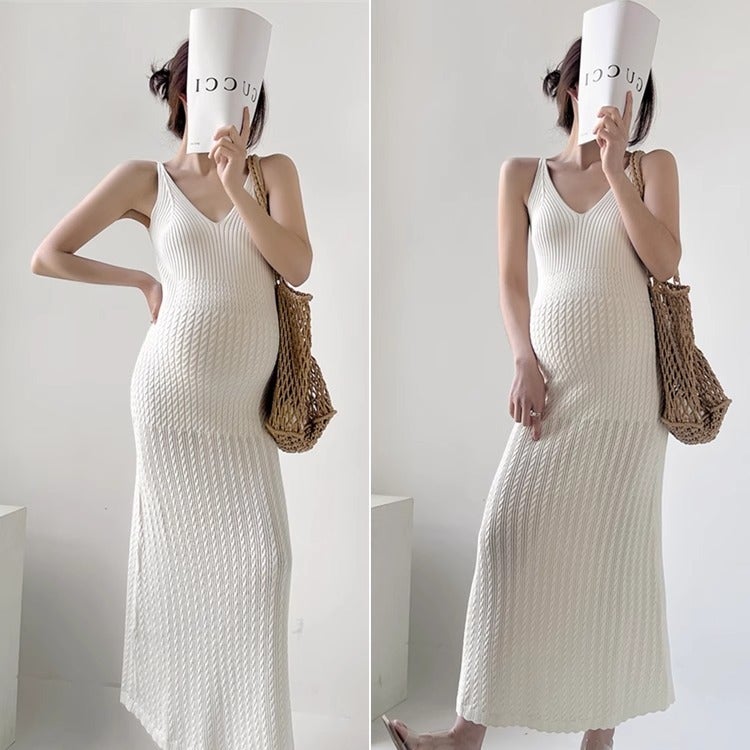 Sleeveless Knitted Maternity Midi Dress Slim Fit Summer Slip Dress - Image 3