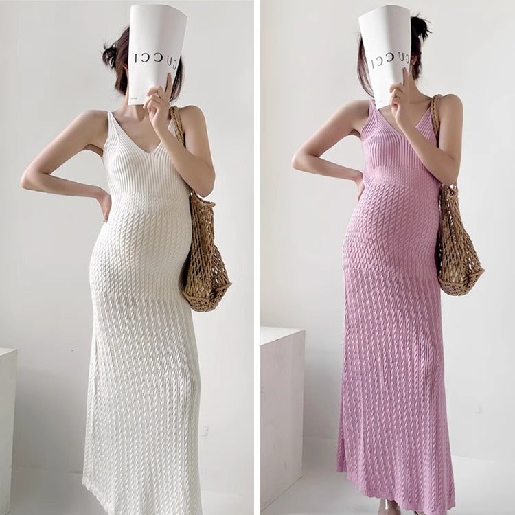 Sleeveless Knitted Maternity Midi Dress Slim Fit Summer Slip Dress - Image 1
