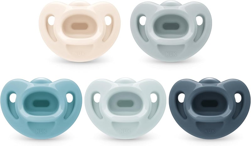 NUK لهايات نوك 100% سيليكون مريحة تقويم الأسنان، 0-6 أشهر، أزرق أنيق، مجموعة خالدة، 5 قطع - Image 1