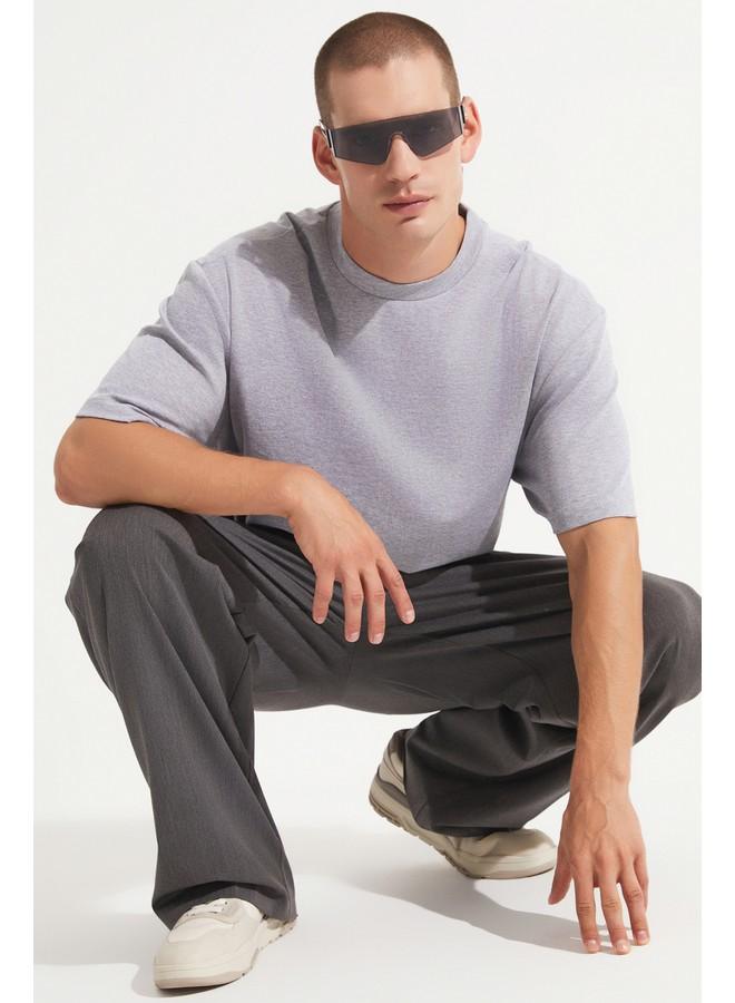 جون تيشيرت قطن رجالي مقاس كبير بياقة دائرية رمادي - Image 1