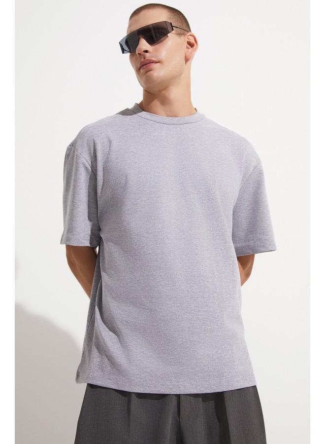 جون تيشيرت قطن رجالي مقاس كبير بياقة دائرية رمادي - Image 2