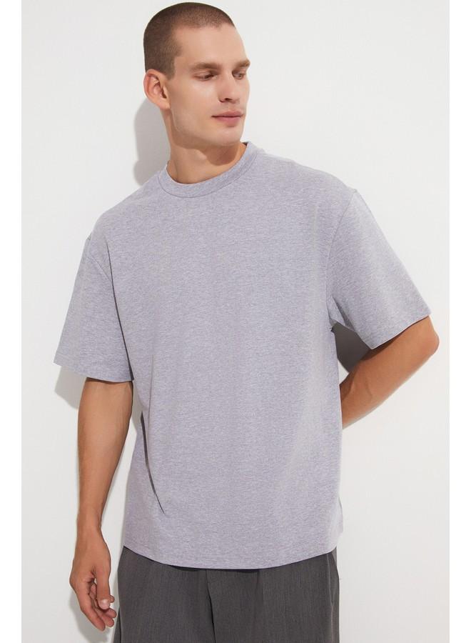 جون تيشيرت قطن رجالي مقاس كبير بياقة دائرية رمادي - Image 5