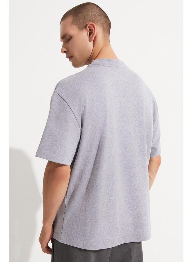 جون تيشيرت قطن رجالي مقاس كبير بياقة دائرية رمادي - Image 4