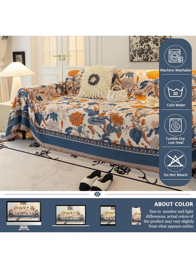 DREAMINGO Floral Boho Couch Cover French Jacquard Sofa Covers Chenille Loveseat Couch Cover for Dogs Vintage Couch Cover Blanket Orange Blue Beige Farmhouse Sofa Slipcover Washable, 71"x118" - Image 5