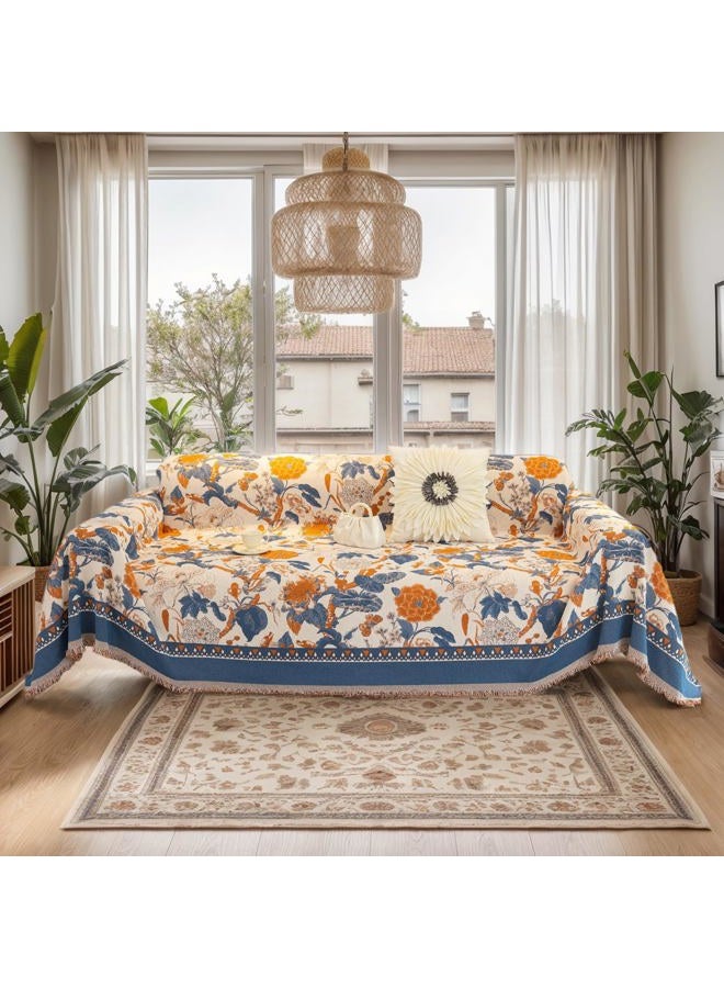 DREAMINGO Floral Boho Couch Cover French Jacquard Sofa Covers Chenille Loveseat Couch Cover for Dogs Vintage Couch Cover Blanket Orange Blue Beige Farmhouse Sofa Slipcover Washable, 71"x118" - Image 1