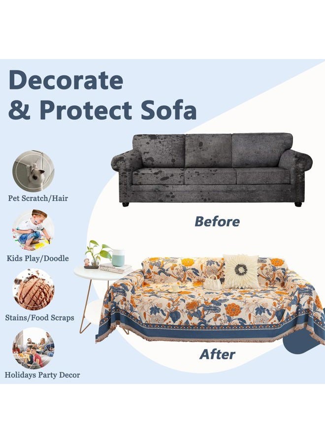 DREAMINGO Floral Boho Couch Cover French Jacquard Sofa Covers Chenille Loveseat Couch Cover for Dogs Vintage Couch Cover Blanket Orange Blue Beige Farmhouse Sofa Slipcover Washable, 71"x118" - Image 4