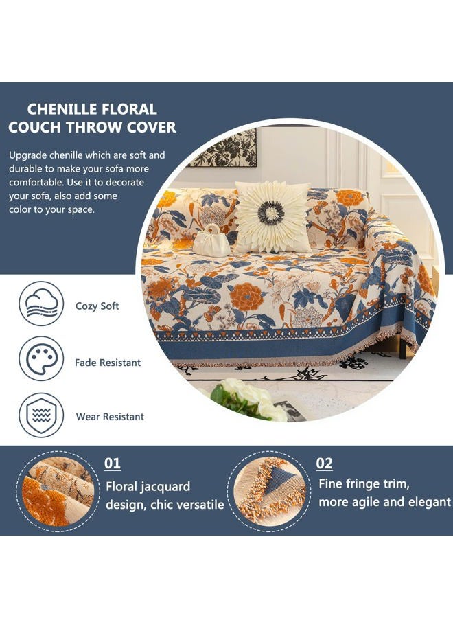 DREAMINGO Floral Boho Couch Cover French Jacquard Sofa Covers Chenille Loveseat Couch Cover for Dogs Vintage Couch Cover Blanket Orange Blue Beige Farmhouse Sofa Slipcover Washable, 71"x118" - Image 3