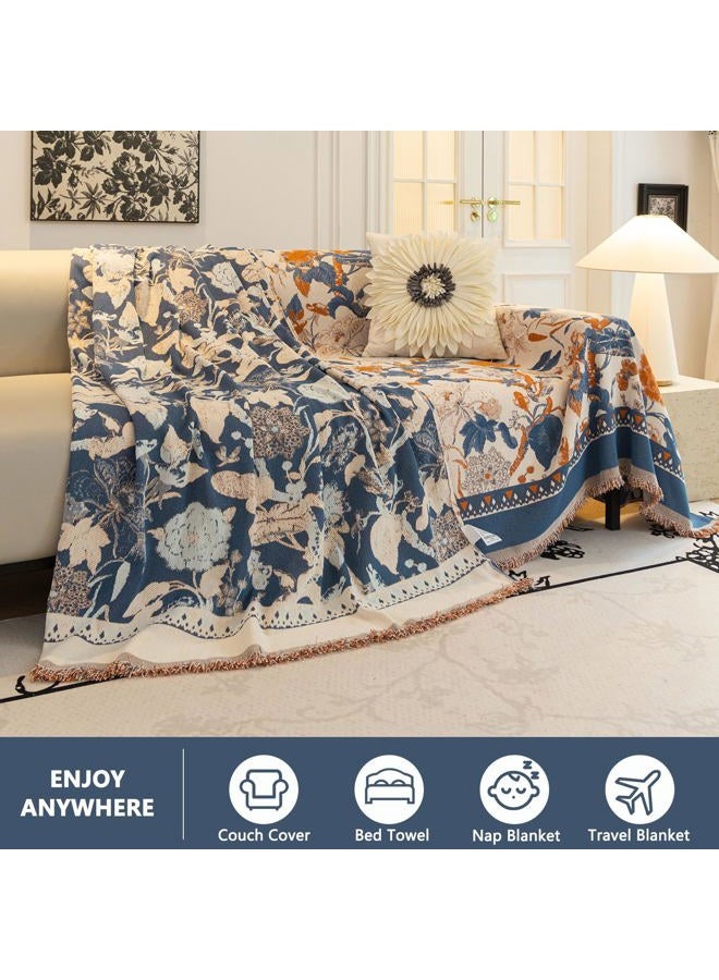 DREAMINGO Floral Boho Couch Cover French Jacquard Sofa Covers Chenille Loveseat Couch Cover for Dogs Vintage Couch Cover Blanket Orange Blue Beige Farmhouse Sofa Slipcover Washable, 71"x118" - Image 2