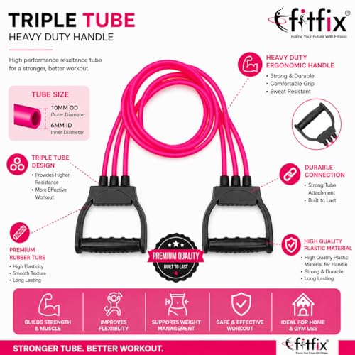 Fitfix® Triple Tube Resistance Band with Handles – Heavy Duty Exercise Tube for Home Gym, Strength Training, Yoga, Stretching & Full Body Workout Equipment for Men & Women (Colours May Vary) - Image 2
