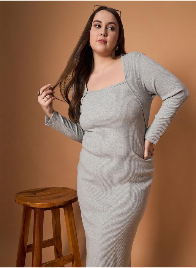 SASSAFRAS Plus Size Ribbed Long Sleeves Bodycon Midi Dress by Styli  - Image 1