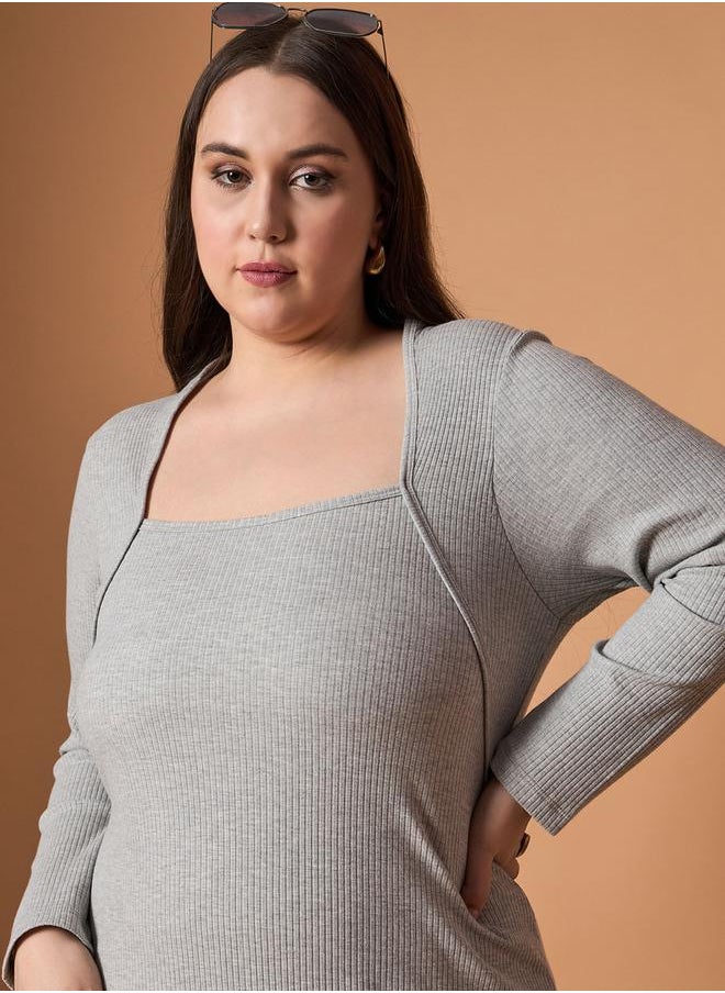 SASSAFRAS Plus Size Ribbed Long Sleeves Bodycon Midi Dress by Styli  - Image 4
