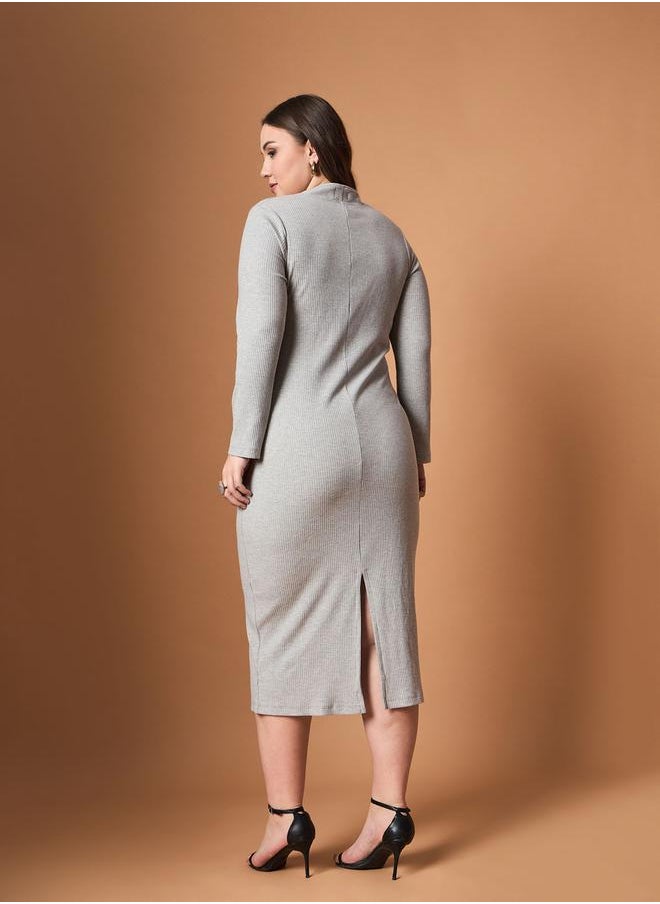 SASSAFRAS Plus Size Ribbed Long Sleeves Bodycon Midi Dress by Styli  - Image 5