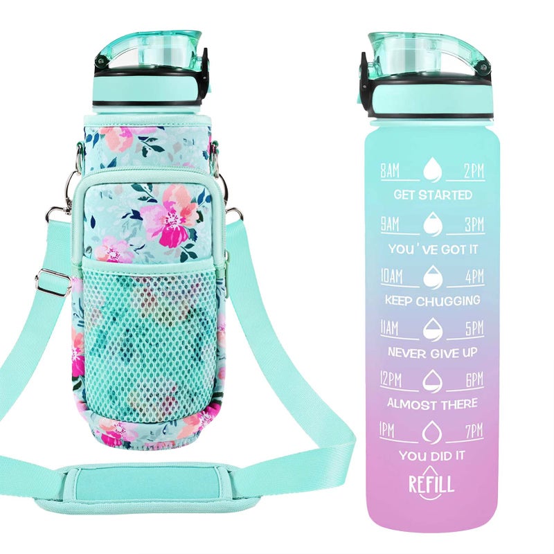 Newfad 32 oz Water Bottles with Straw & Strap  Motivational with Times to Drink  BPA Free Reusable Sports Water Bottle with Sleeve for Hiking  Travel  Running or Fitness (Spring Bouquet)