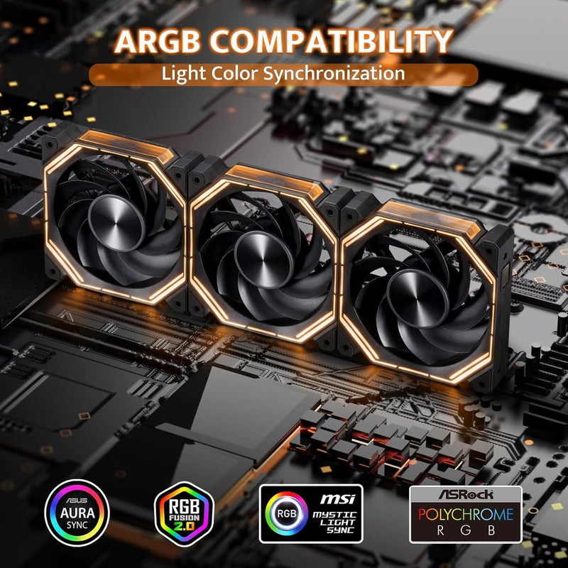 دارك فلاش مروحة علبة كمبيوتر INF34 120 ملم ARGB عكسية، مروحة تبريد PWM عالية التدفق، 800–2000 دورة في الدقيقة، 50.43 قدم مكعب في الدقيقة، محمل هيدروليكي، ضوضاء منخفضة 31.6 ديسيبل، تصميم مضاد للاهتزاز، مزامنة إضاءة RGB، عبوة واحدة – أسود - Image 3