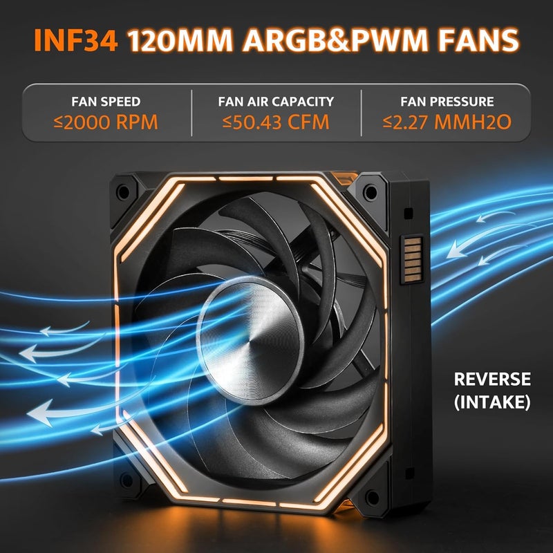 دارك فلاش مروحة علبة كمبيوتر INF34 120 ملم ARGB عكسية، مروحة تبريد PWM عالية التدفق، 800–2000 دورة في الدقيقة، 50.43 قدم مكعب في الدقيقة، محمل هيدروليكي، ضوضاء منخفضة 31.6 ديسيبل، تصميم مضاد للاهتزاز، مزامنة إضاءة RGB، عبوة واحدة – أسود - Image 4