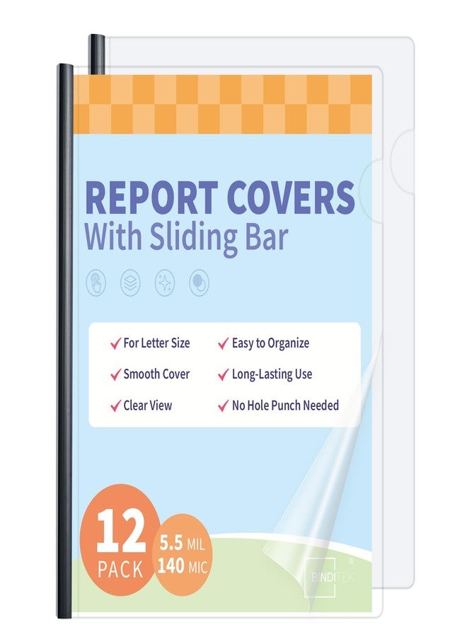 Binditek 12 Pack Clear Report Covers with Sliding Bars, 25 Sheet Capacity, 5mm Binding Bars, Letter Size, 5.5 Mil Thick, Black, for Students and Coworkers - Image 1