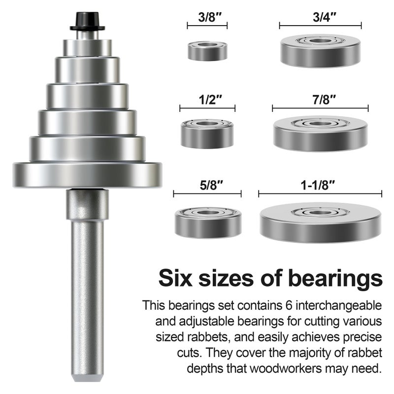 XDENGP Rabbet Router Bit Set 1/4 Shank, Rabbeting Router Bits 1pcs with 6 Bearings for Interchangeable and Adjustable Multi Depths Cutter 1/8", 1/4", 5/16", 3/8", 7/16", 1/2" - Image 4