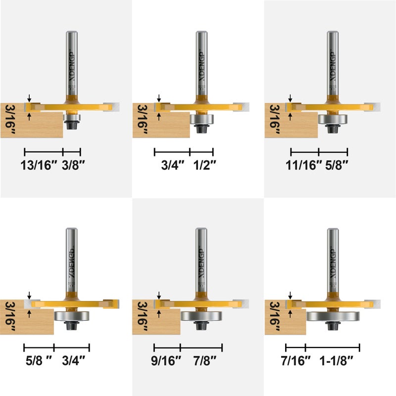 XDENGP Rabbet Router Bit Set 1/4 Shank, Rabbeting Router Bits 1pcs with 6 Bearings for Interchangeable and Adjustable Multi Depths Cutter 1/8", 1/4", 5/16", 3/8", 7/16", 1/2" - Image 2