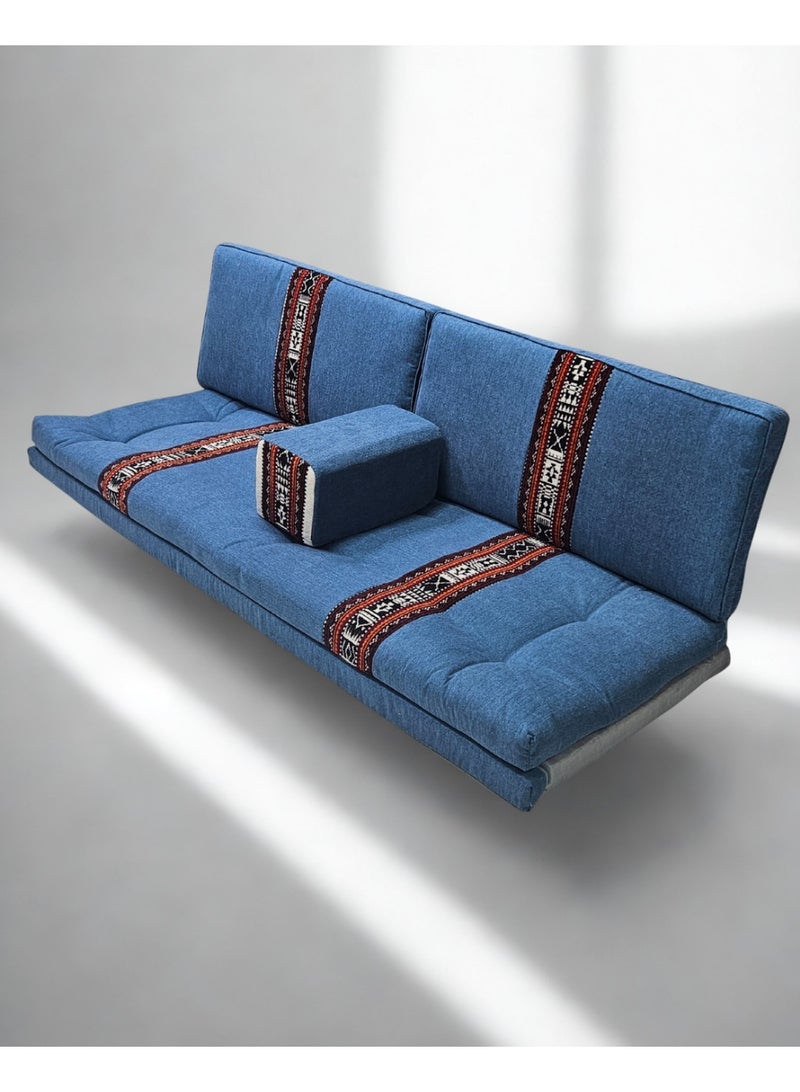 سمارت هوم جلسة أرضية تراثية عربية لأربعة أشخاص 4 قطع  بمقاس (طول 70 سم × عرض 200 سم × ارتفاع 60 سم) – مفروشات مجالس عربية مريحة مع مسند وظهر مزخرف – جلسة أرضية للمنزل، الضيوف، المخيمات والرحلات - مجلس يكفي 4 اشخاص - Image 2