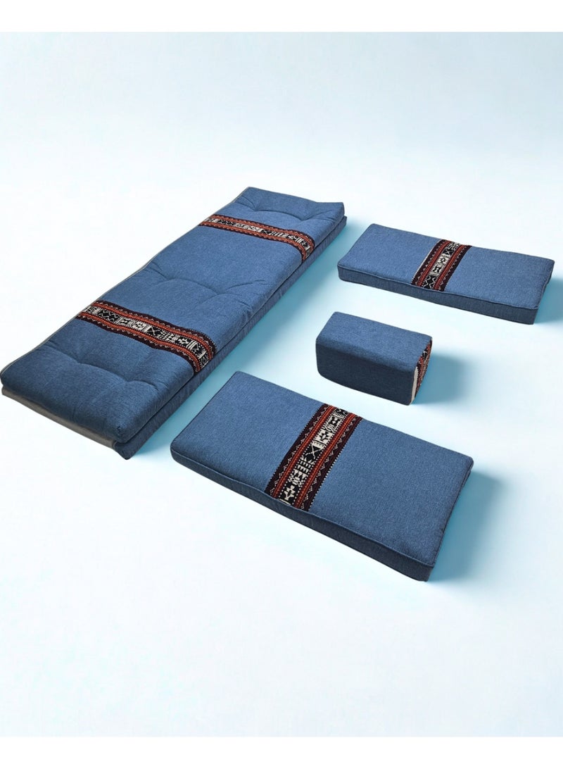 سمارت هوم جلسة أرضية تراثية عربية لأربعة أشخاص 4 قطع  بمقاس (طول 70 سم × عرض 200 سم × ارتفاع 60 سم) – مفروشات مجالس عربية مريحة مع مسند وظهر مزخرف – جلسة أرضية للمنزل، الضيوف، المخيمات والرحلات - مجلس يكفي 4 اشخاص - Image 4
