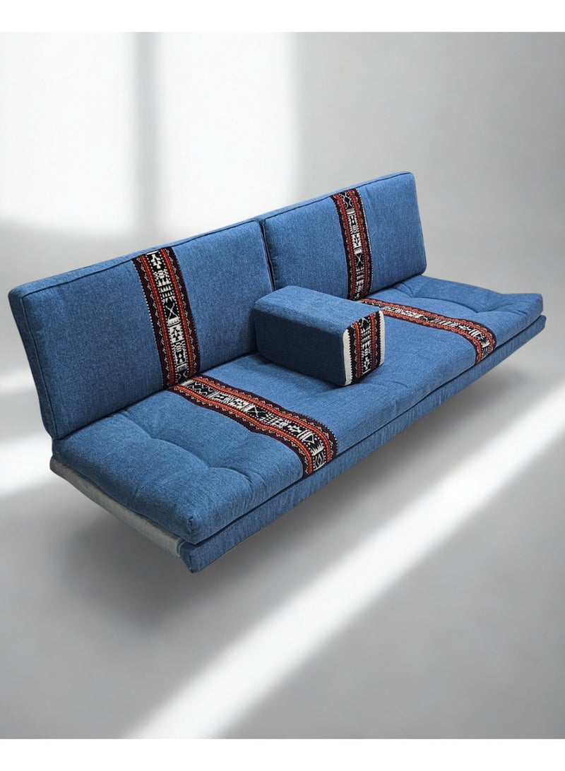 سمارت هوم جلسة أرضية تراثية عربية لأربعة أشخاص 4 قطع  بمقاس (طول 70 سم × عرض 200 سم × ارتفاع 60 سم) – مفروشات مجالس عربية مريحة مع مسند وظهر مزخرف – جلسة أرضية للمنزل، الضيوف، المخيمات والرحلات - مجلس يكفي 4 اشخاص - Image 1