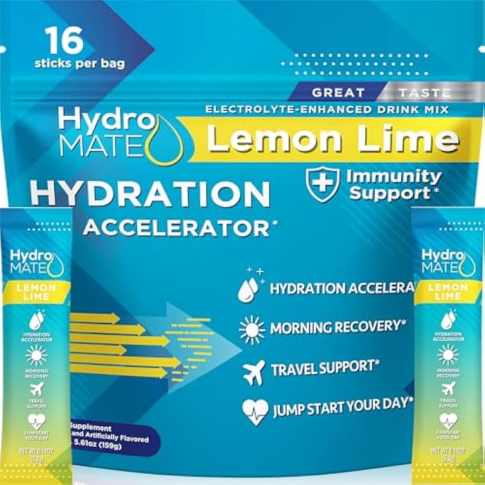NatureWorks HydroMATE Electrolyte Powder Lemon Lime Hydration Packets Low Sugar 16 Count - Image 1