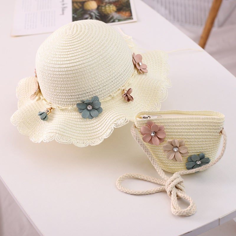 New straw hat 2-10 years old girl spring and summer travel sunscreen hat fresh flower sunshade hat crossbody bagMilky White [hat bag]] Milky White [hat bag]] 