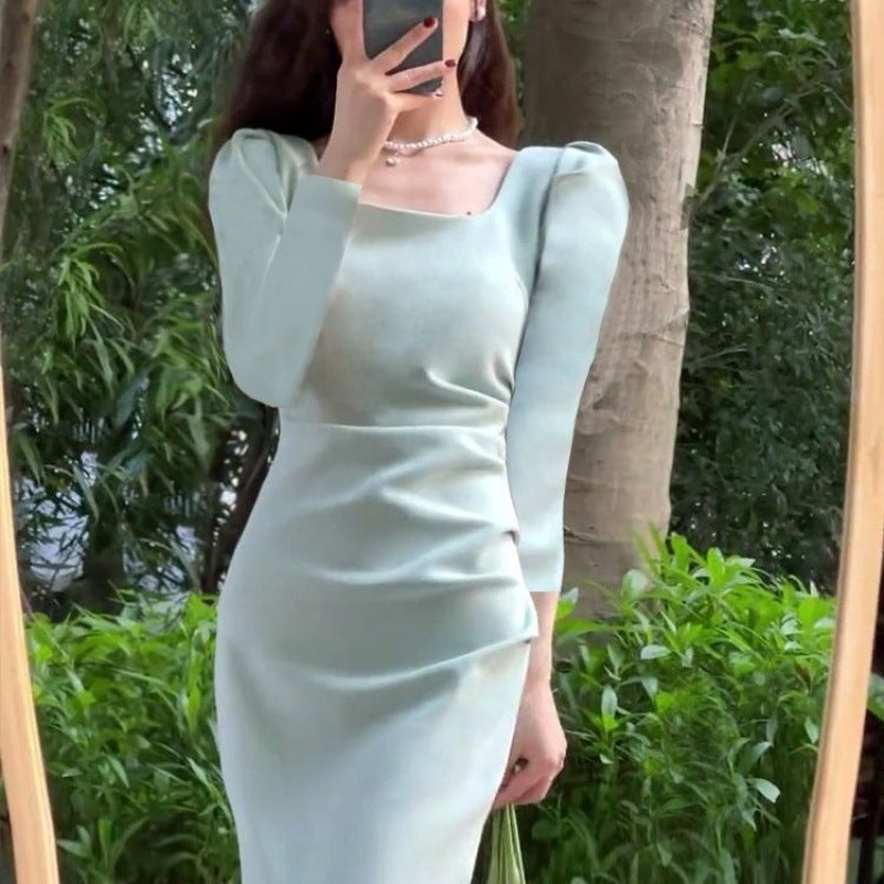 French Slim Fit Belly Covering dress 2024 New Spring and Autumn Long Sleeve Elegant Slimming Hepburn Style Square Collar Dress Light green  - Image 1