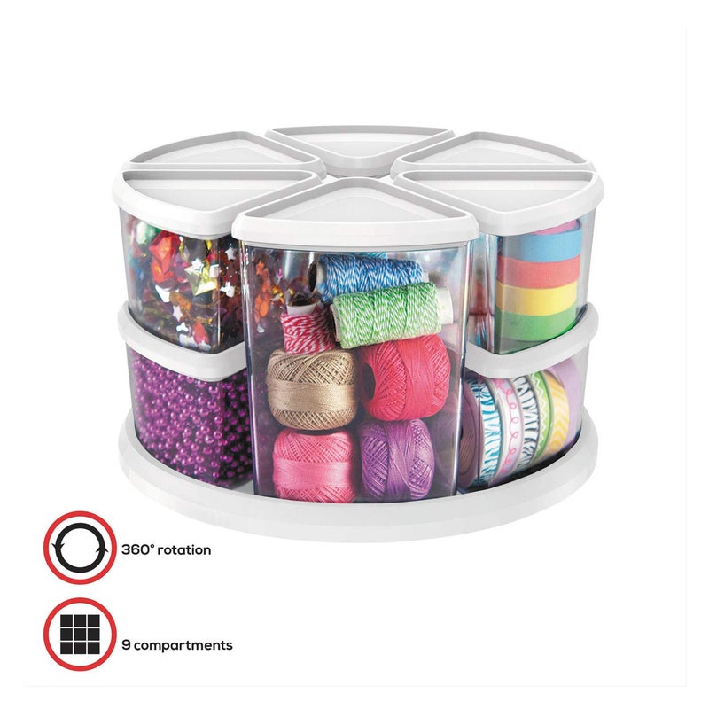 Deflecto Rotating Carousel Craft Organizer, 9-Canister, Includes 3" and 6" Canisters, Removable, Clear, Lids - Image 3