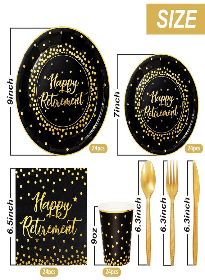 Whaline مجموعة أطباق ومناشف حفلة التقاعد من واهلين 168 قطعة - مستلزمات حفلة تقاعد سعيدة - أدوات مائدة قابلة للتصرف باللونين الأسود والذهبي - زينة وهدايا للرجال والنساء - مستلزمات حفلة وزينة للطاولة لـ 24 ضيفًا - Image 2
