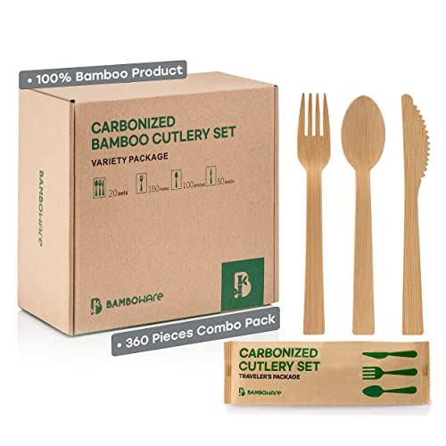 100 Bamboo Utensils  360PCS Combo Pack Carbonized Disposable Cutlery Biodegradable and Sanitized  Heavy Duty  Fully Functional