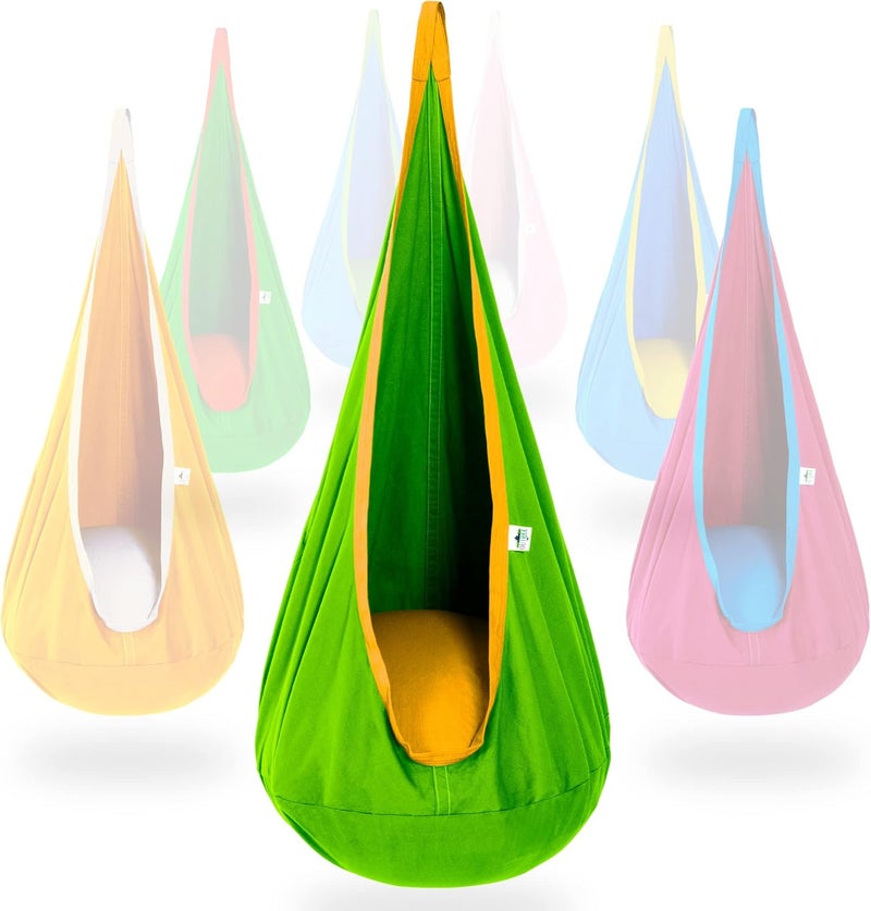 OUTREE Kids Pod Hanging Swing Seat Hammock,Cotton Child Swing Hammock Chair for Indoor and Outdoor use,Green and Yellow - Image 1