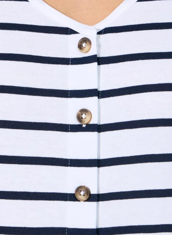 Styli Striped Knit Top with Button Placket