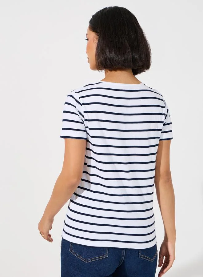 Styli Striped Knit Top with Button Placket