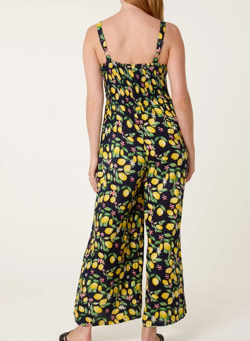 Blue Vanilla Lemon Print Front Tie Jumpsuit